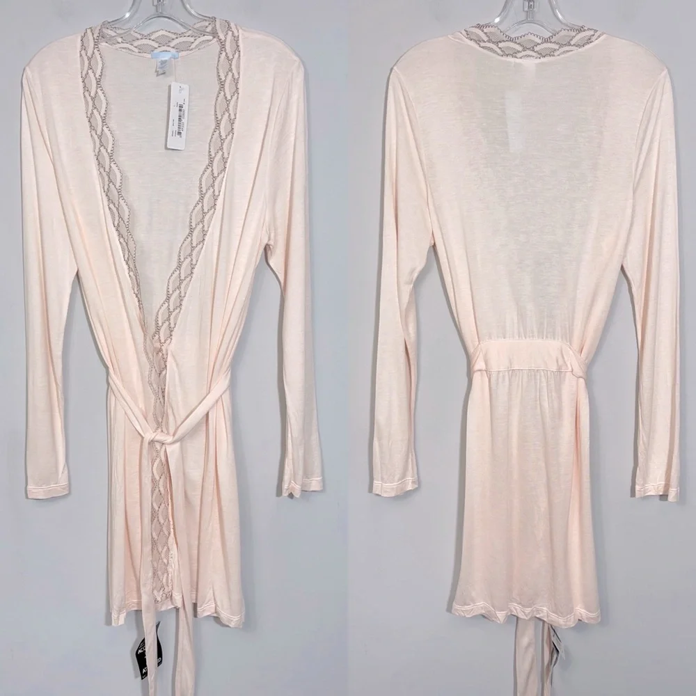 NWT EBERJEY Mabel Wrap Front Jersey Robe with Wide Lace Trim Pink Peach L Large - Picture 6 of 15
